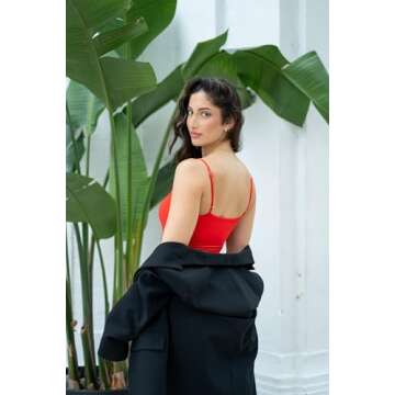 SUUKSESS Women Sexy Square Neck Thong Bodysuit Backless Sleeveless Cami Body Suit Top (Red, M)