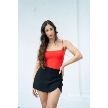 SUUKSESS Women Sexy Square Neck Thong Bodysuit Backless Sleeveless Cami Body Suit Top (Red, M)