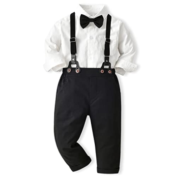 ALINTU Toddler Dress Clothes, Long Sleeve Dress Shirt + Suspender Pants Set, Gentleman Outfits for B...