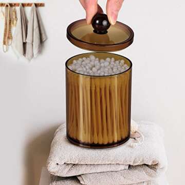 SheeChung 6 Pack Qtip Dispenser Apothecary Jars Bathroom with Labels - Qtip Holder Storage Canister Clear Plastic Acrylic Jar for Cotton Ball,Cotton Swab,Cotton Rounds,Floss Picks, Hair Clips (Bronze)