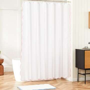 Ohocut White Shower Curtain with Pink Scalloped Edge, Cute Aesthetic Girly Preppy Women Shower Curta...