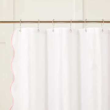 Ohocut White Shower Curtain with Pink Scalloped Edge, Cute Aesthetic Girly Preppy Women Shower Curtains for Bathroom Aesthetic, Waterproof Scalloped Shower Curtain 72’’x72’’