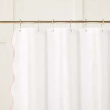 Ohocut White Shower Curtain with Pink Scalloped Edge, Cute Aesthetic Girly Preppy Women Shower Curtains for Bathroom Aesthetic, Waterproof Scalloped Shower Curtain 72’’x72’’