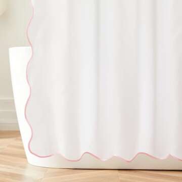 Ohocut White Shower Curtain with Pink Scalloped Edge, Cute Aesthetic Girly Preppy Women Shower Curtains for Bathroom Aesthetic, Waterproof Scalloped Shower Curtain 72’’x72’’