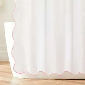 Ohocut White Shower Curtain with Pink Scalloped Edge, Cute Aesthetic Girly Preppy Women Shower Curtains for Bathroom Aesthetic, Waterproof Scalloped Shower Curtain 72’’x72’’