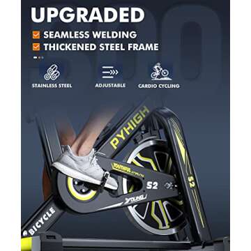 PYHIGH Indoor Cycling Bike Stationary Exercise Bike, Excersize Bike Comfortable Seat Cushion, Belt Drive for Home Cardio Workout Fitness Machine (Yellow)