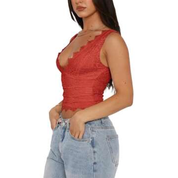 REORIA Womens Sexy V-Neck Sleeveless Double Lined Cute Going Out Y2K Trendy Lace Cropped Tank Tops Night Out Tops for Women Rusty Red X-Large