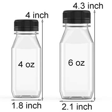 6 Pcs 4 oz Plastic Juice Bottle Reusable Transparent Bulk Beverage Containers with Black Lids for Juice, Drinking Milkshake Tea, Milk, Juicing Smoothie Water and Other Beverages, Fridge Storage
