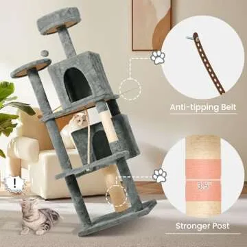 TSCOMON 58.5inch Large Cat Tree Tower Condo for Indoor Cats, Soft Plush Multi-Level Climbing Tree Cat House with 1 360° Rotating Cat Cave, Scratching Post, More Entrance/Exit, Sisal Rope, Grey