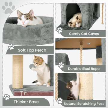 TSCOMON 58.5inch Large Cat Tree Tower Condo for Indoor Cats, Soft Plush Multi-Level Climbing Tree Cat House with 1 360° Rotating Cat Cave, Scratching Post, More Entrance/Exit, Sisal Rope, Grey