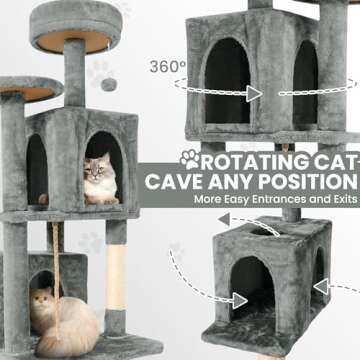 TSCOMON 58.5inch Large Cat Tree Tower Condo for Indoor Cats, Soft Plush Multi-Level Climbing Tree Cat House with 1 360° Rotating Cat Cave, Scratching Post, More Entrance/Exit, Sisal Rope, Grey