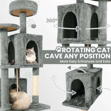 TSCOMON 58.5inch Large Cat Tree Tower Condo for Indoor Cats, Soft Plush Multi-Level Climbing Tree Cat House with 1 360° Rotating Cat Cave, Scratching Post, More Entrance/Exit, Sisal Rope, Grey