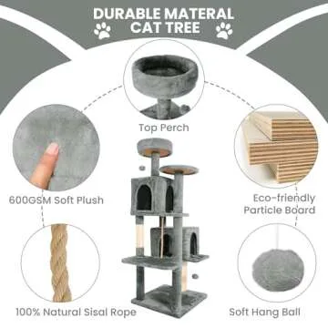 TSCOMON 58.5inch Large Cat Tree Tower Condo for Indoor Cats, Soft Plush Multi-Level Climbing Tree Cat House with 1 360° Rotating Cat Cave, Scratching Post, More Entrance/Exit, Sisal Rope, Grey