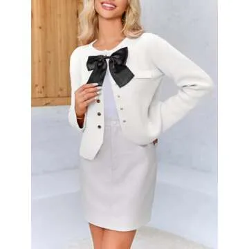 Saodimallsu Womens Button Down Cropped Cardigan Sweaters Cute Bow Long Sleeve Crew Neck Knit Sweater Jacket Coat White