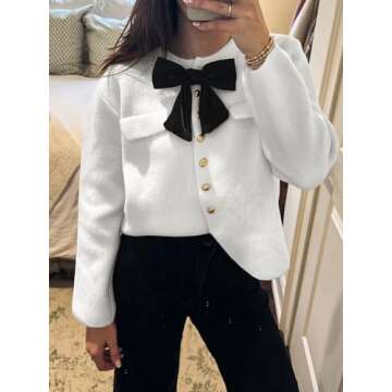 Saodimallsu Womens Button Down Cropped Cardigan Sweaters Cute Bow Long Sleeve Crew Neck Knit Sweater Jacket Coat White