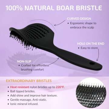 Inatekpro Curved Vented for Blow Drying - Boar Bristle Brush (Medium) with Comfortable Handle - Soft Bristle Brush for Thick and Fine Hair - Natural Boar Bristles for Women, Men & Kids - Black