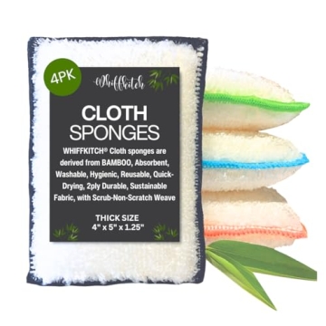 Whiffkitch Bamboo Fiber Sponges 4-Pack - Scrub-Non-Scratch, Reusable, Washable, Extra Absorbent, Dur...