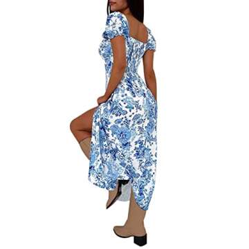 AIMCOO Womens Sweetheart V Neck Floral Midi Dress Short Puff Sleeve Side Split Smocked Back Casual S...