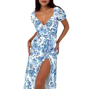 AIMCOO Womens Sweetheart V Neck Floral Midi Dress Short Puff Sleeve Side Split Smocked Back Casual Solid Dress for Summer