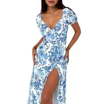 AIMCOO Womens Sweetheart V Neck Floral Midi Dress Short Puff Sleeve Side Split Smocked Back Casual Solid Dress for Summer