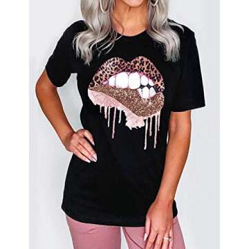 Womens Red Lips Leopard Print Tongue T-Shirts Summer Cute Short Sleeve Cheetah Animal Print Graphic ...