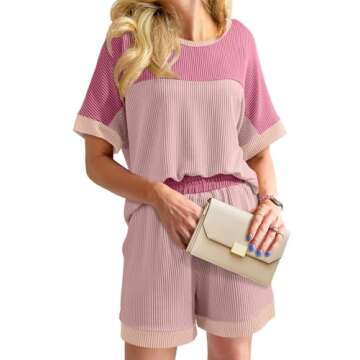 Dokotoo Lounge Sets for Women Summer Color Block Crewneck short sleeve tops and elastic shorts pants with pockets 2 Piece Matching Sets ribbed knit Two piece Outfits Loungewear