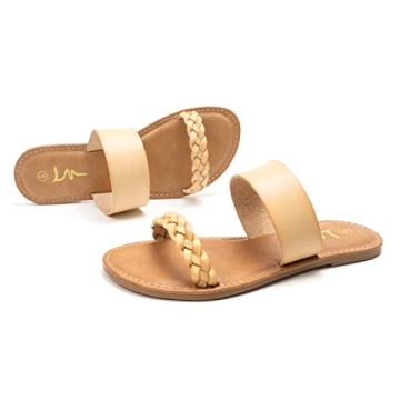LM Women's Braided Slide Sandals Open Toe Two Strap Slip On Flat Sandals Casual Summer Shoes (Beige, numeric_11)