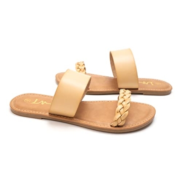 LM Women's Braided Slide Sandals Open Toe Two Strap Slip On Flat Sandals Casual Summer Shoes (Beige, numeric_11)
