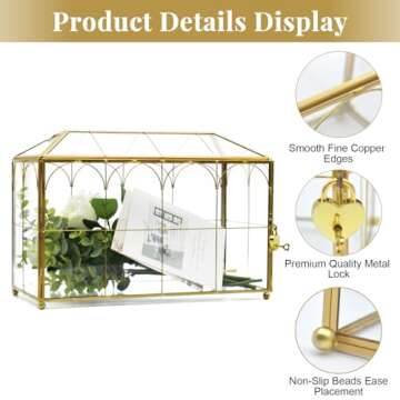Large Gold and Glass Card Box for wedding with Lock and Slot - Wedding Envelope Card Holder for Reception Clear Lock Box with Key Geometric Handmade Vintage Card Box for Wedding Party