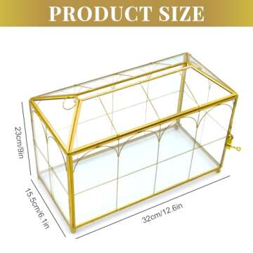 Large Gold and Glass Card Box for wedding with Lock and Slot - Wedding Envelope Card Holder for Reception Clear Lock Box with Key Geometric Handmade Vintage Card Box for Wedding Party