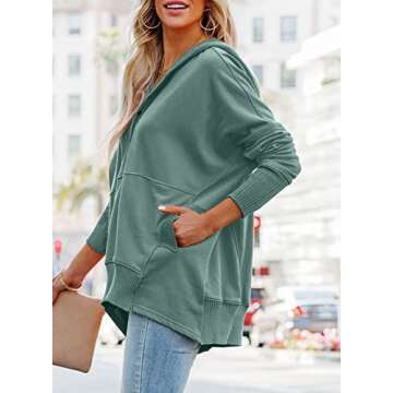PRETTYGARDEN Loose Casual Button V Neck Hoodies for Women Long Sleeve Oversized Pullover Sweatshirt Hooded Tops Fall with Pockets (Bean Green,Small)