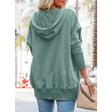 PRETTYGARDEN Loose Casual Button V Neck Hoodies for Women Long Sleeve Oversized Pullover Sweatshirt Hooded Tops Fall with Pockets (Bean Green,Small)