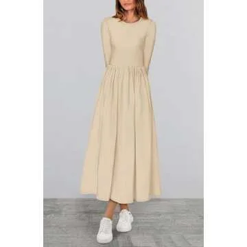 BTFBM Casual Long Sleeve Dresses Fall Dresses Solid Wedding Guest Dress Midi Dress Flowy Bohemian Long Dress(Solid Beige,Medium)