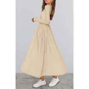 BTFBM Casual Long Sleeve Dresses Fall Dresses Solid Wedding Guest Dress Midi Dress Flowy Bohemian Long Dress(Solid Beige,Medium)