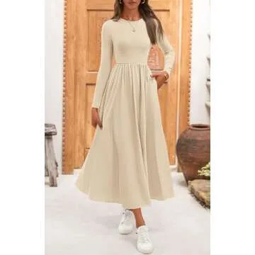 BTFBM Casual Long Sleeve Dresses Fall Dresses Solid Wedding Guest Dress Midi Dress Flowy Bohemian Long Dress(Solid Beige,Medium)