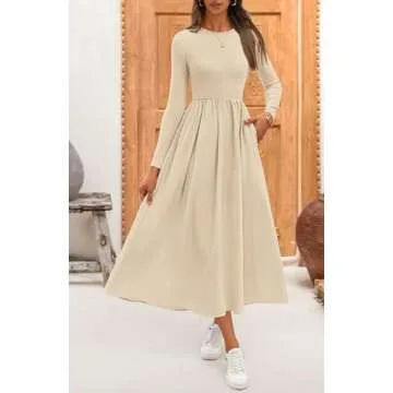 BTFBM Casual Long Sleeve Dresses Fall Dresses Solid Wedding Guest Dress Midi Dress Flowy Bohemian Long Dress(Solid Beige,Medium)
