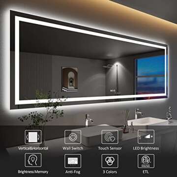 Amorho LED Bathroom Mirror 96"x 36" with Front and Backlight, Large Dimmable Wall Mirrors with Anti-...