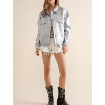 Stylish Yinawsky Women's Metallic Denim Jacket with Pockets