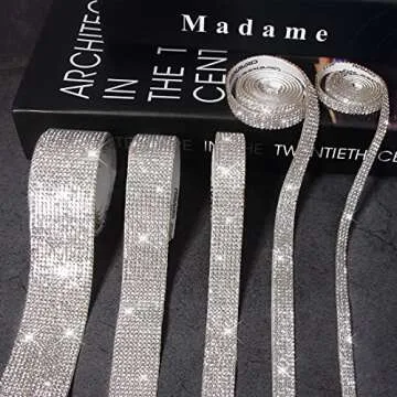 Ribbli 5 Rolls Self Adhesive Bling Wrap Crystal Rhinestone Strips Diamond Ribbon,Rhinestones for Crafts,Diamond Stickers Silver Rhinestone Ribbon Use for Decoration (Silver/5 Sizes/Total 5Yards)