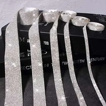 Ribbli 5 Rolls Self Adhesive Bling Wrap Crystal Rhinestone Strips Diamond Ribbon,Rhinestones for Crafts,Diamond Stickers Silver Rhinestone Ribbon Use for Decoration (Silver/5 Sizes/Total 5Yards)