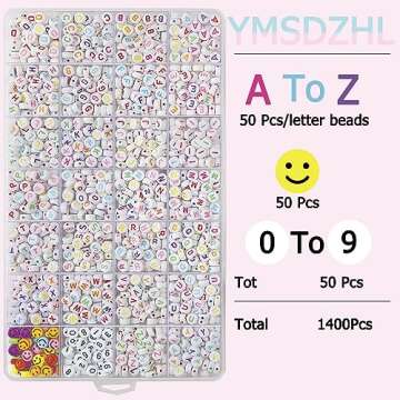 YMSDZHL Alphabet Beads A-Z 1400Pcs Letter Beads, Acrylic 4x7mm Round Letter Beads Kits,Black Digit and Colorful Smile Beads for Bracelets Necklaces DIY Jewelry Making (Colorful,1400PCS)