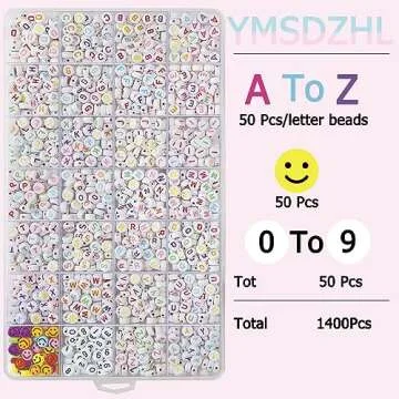 YMSDZHL Alphabet Beads A-Z 1400Pcs Letter Beads, Acrylic 4x7mm Round Letter Beads Kits,Black Digit and Colorful Smile Beads for Bracelets Necklaces DIY Jewelry Making (Colorful,1400PCS)