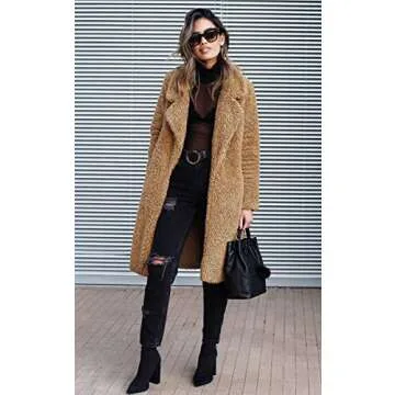 Angashion Women's Fuzzy Fleece Lapel Open Front Long Cardigan Coat Faux Fur Warm Winter Outwear Jackets Dark Camel 2XL