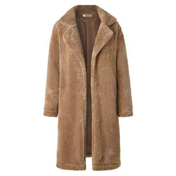 Angashion Women's Fuzzy Fleece Lapel Open Front Long Cardigan Coat Faux Fur Warm Winter Outwear Jackets Dark Camel 2XL
