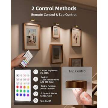 EZVALO Picture Lights for Wall,2000mAh Rechargeable Battery Magnetic Poster Lights with 2 Color Temps&12 RGB,Remote Dimmable Timer Painting Light,Wall Decor Light for Art Display,Picture,Frame(6 Pack)