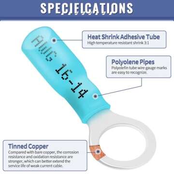 260PCS Heat Shrink Ring Terminals, Sopoby Marine Grade Ring Connectors Tinned Red Copper 16-14 22-18 12-10 Gauge(3 Colors/4 Sizes), #10,1/4",5/16",3/8" Insulated Ring Crimp Terminals