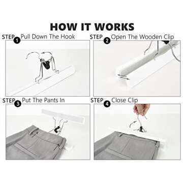 Amber Home 10 Pack White Wooden Pants Hangers, Wood Clamp Hangers with Non Slip Padded Velvet, Jeans/Slacks Hangers Hair Extension Hangers for Skirts, Trousers, Wigs (White, 10)