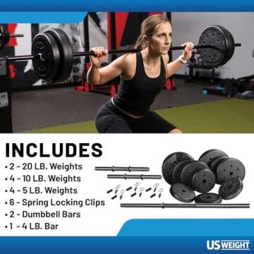 US Weight 105 Pound Barbell Weight Set for Home Gym| Adjustable Weight Set with Two Dumbbell Bars and Full 6 Ft Bar, Black