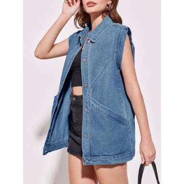 PLNOTME Womens Oversized Sleeveless Denim Vest Classic Button Down Jean Vest Casual Utility Lapel Je...