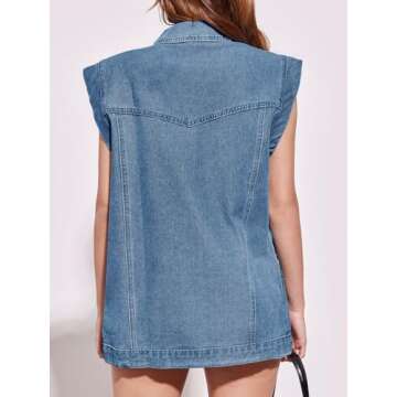 PLNOTME Womens Oversized Sleeveless Denim Vest Classic Button Down Jean Vest Casual Utility Lapel Jean Jacket